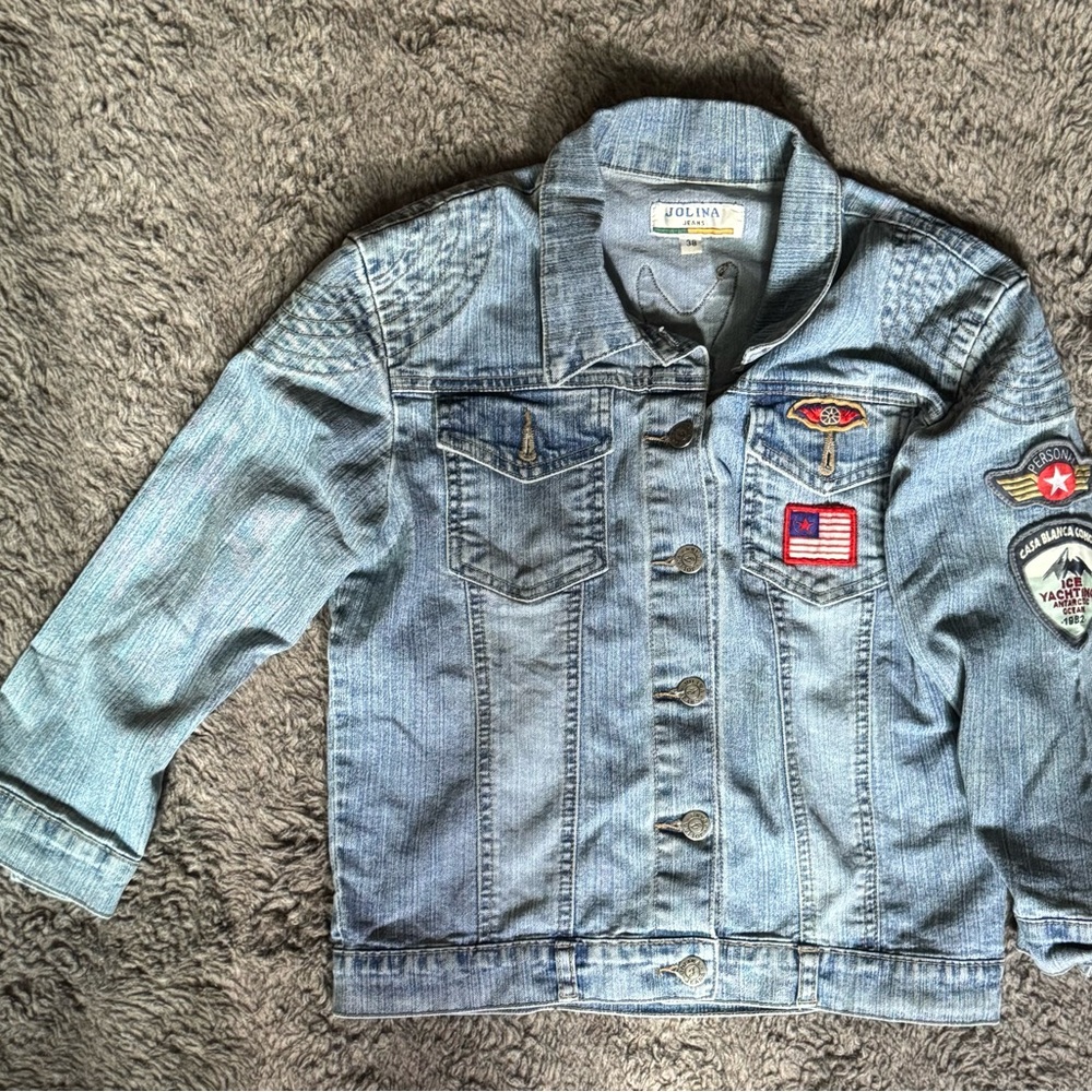 Vintage Jolina Blue Jean Jacket with Decorative Patches